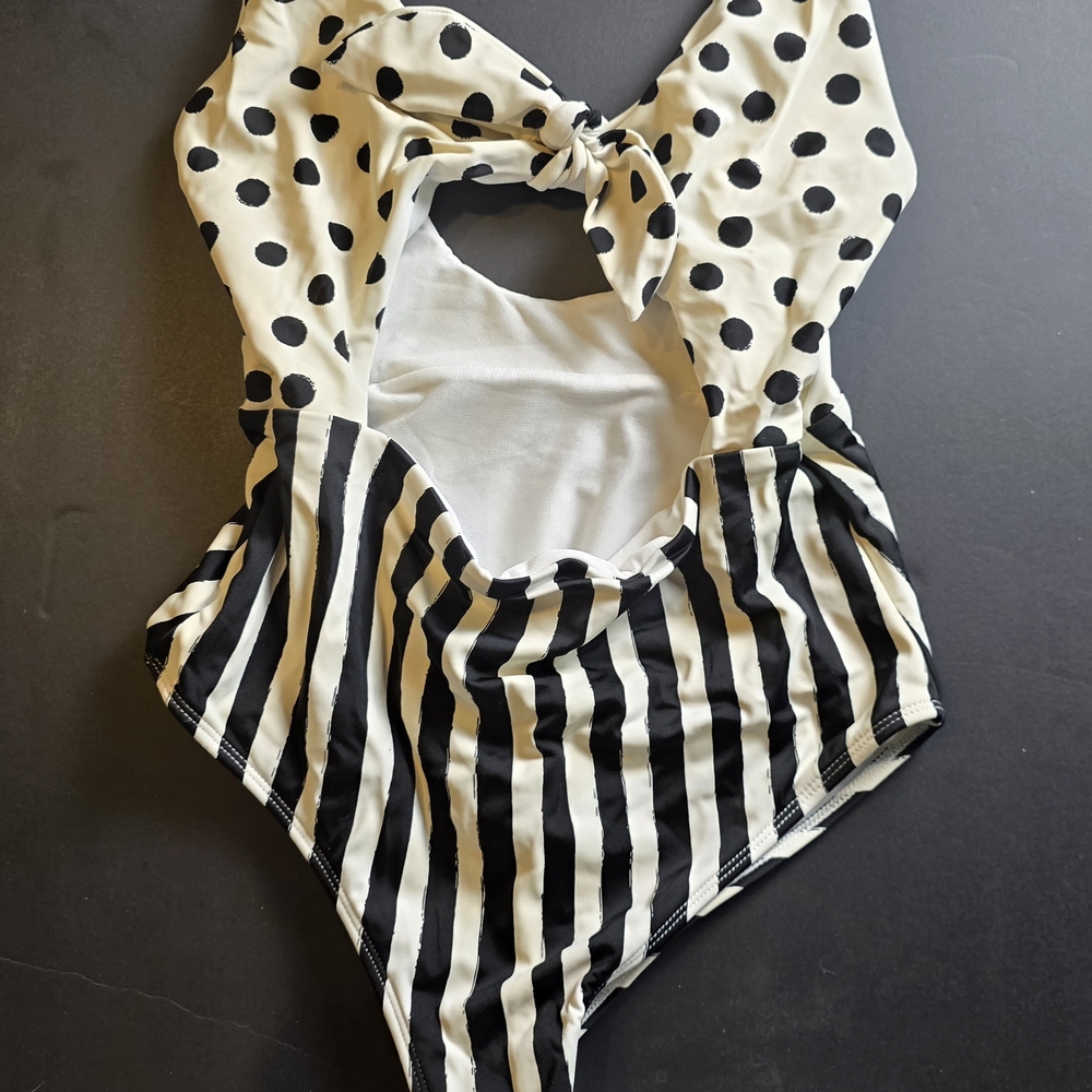 Black and Cream Polka Dot & Stripe One-Piece Swimsuit